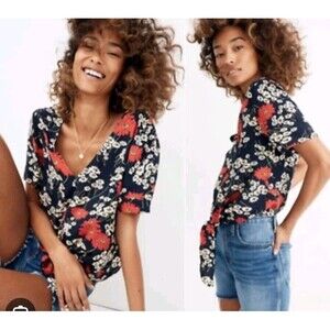 Madewell Preppy‎ Garden Girl Navy Blue Hillside Daises Short Sleeve SIZE XS